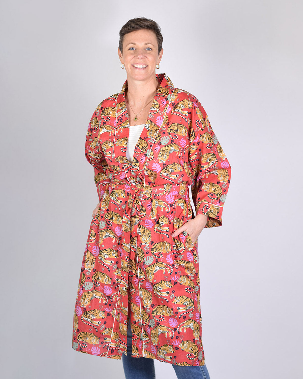 Lightweight Cotton Robe / Kimono - Sleeping Tigers Red image 8