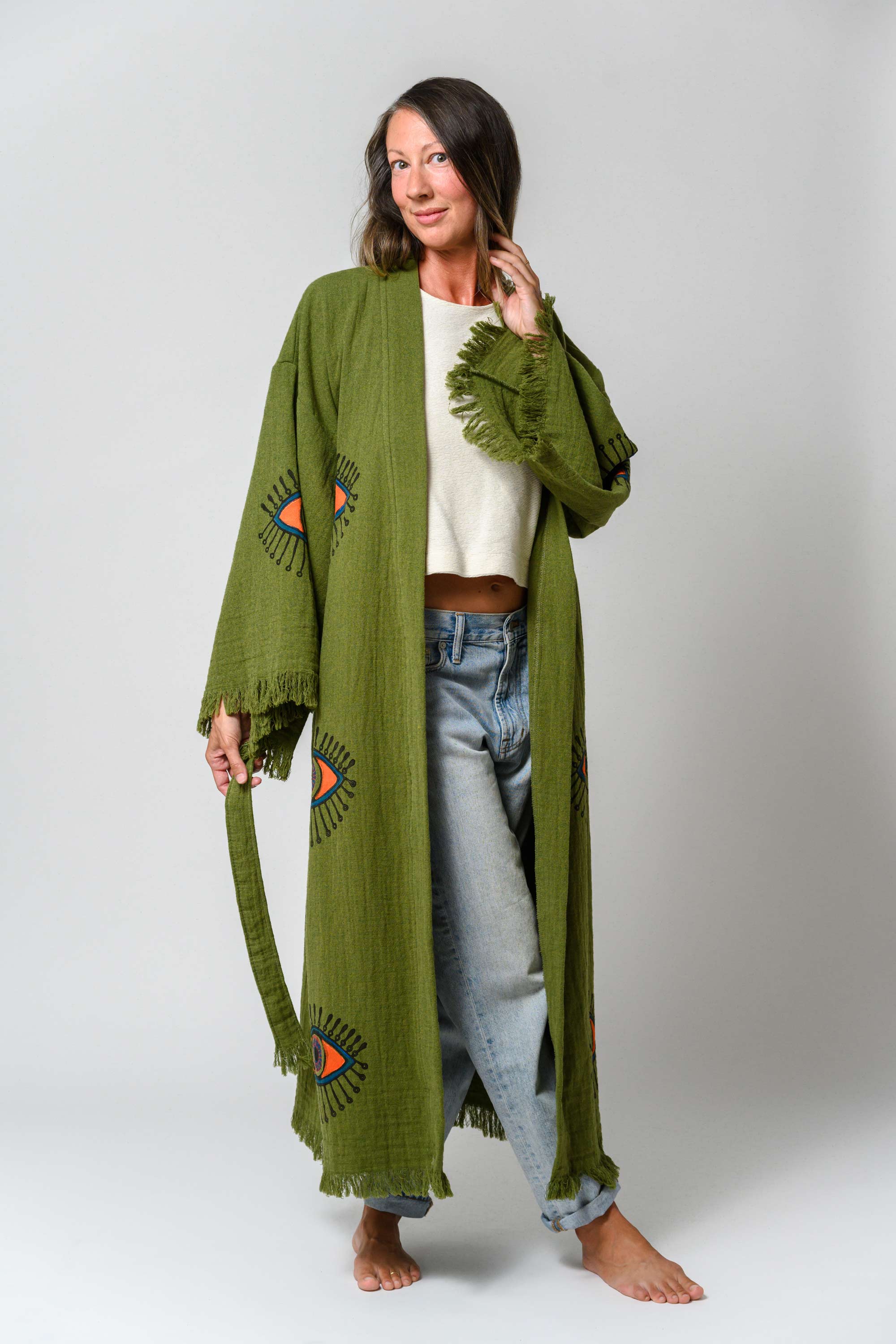 Luxury Turkish Cotton Evil Eye Kimono/Robe - Olive Grove image 5