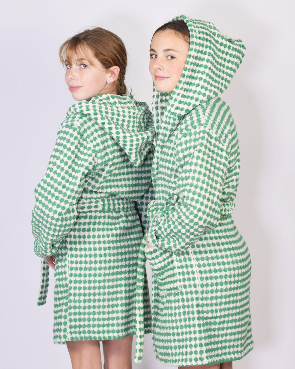 KIDS Organic Turkish Cotton Plush Terry Cloth Robe - Green Checkered image 2