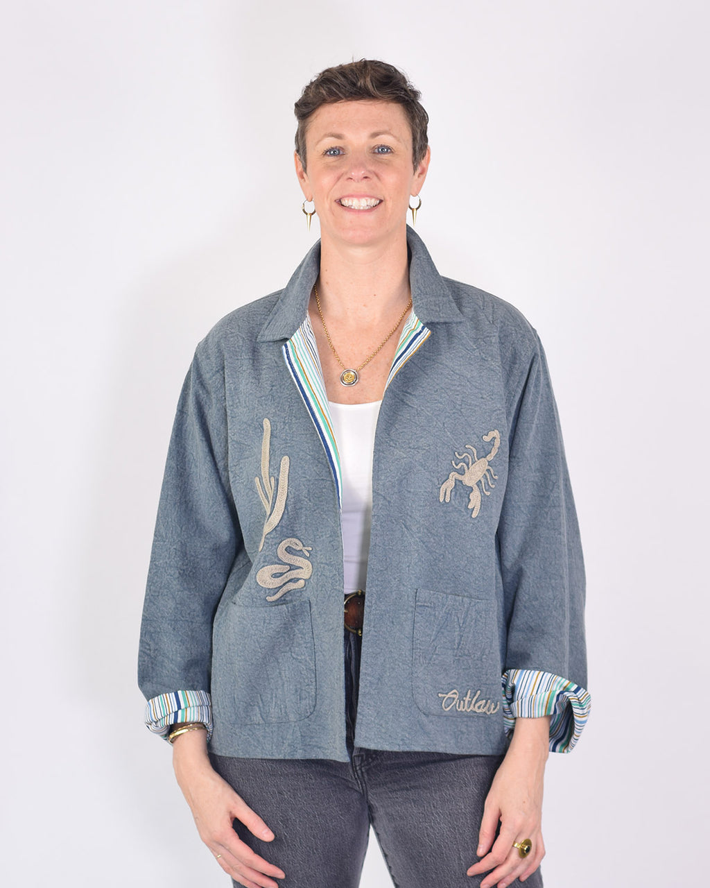 Lightweight "Vintage Outlaw" Canvas Embroidered Jacket - Blue image 1