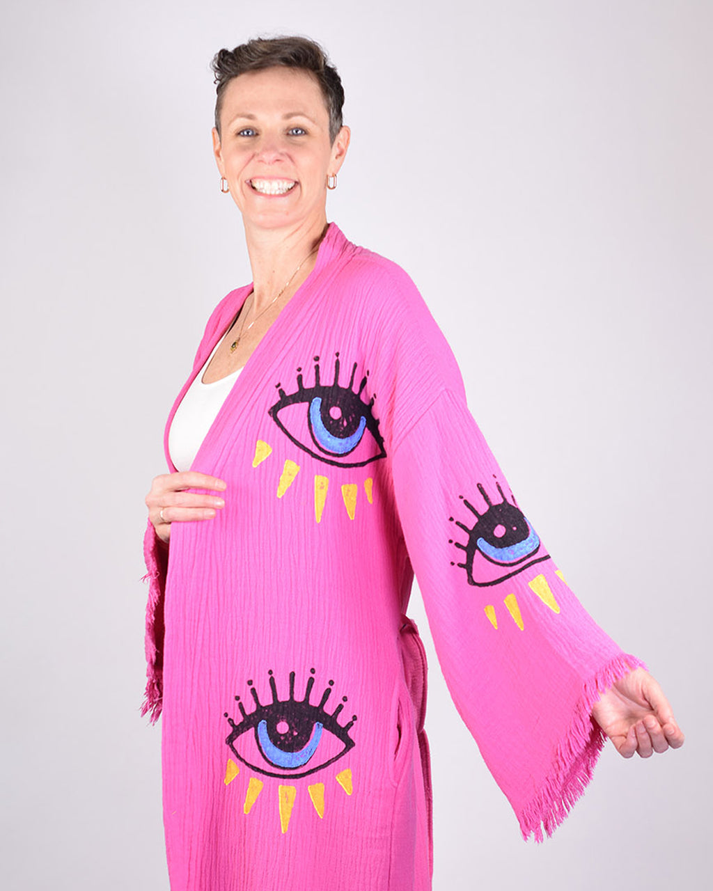 Luxury Turkish Cotton Evil Eye Kimono/Robe - Pink Dahlia image 3