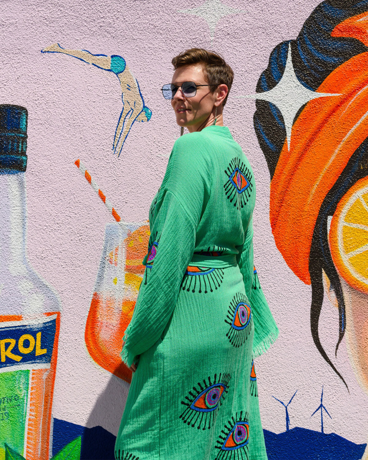 Luxury Turkish Cotton Evil Eye Kimono/Robe - Soft Jade image 7
