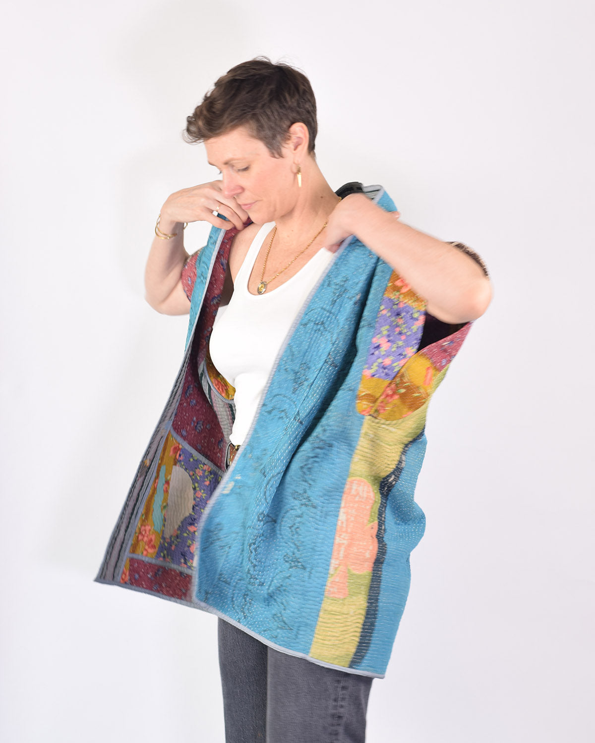 Maddie Cape - Reversible Jacket/Vest - Repurposed Kantha Quilts -03 image 4