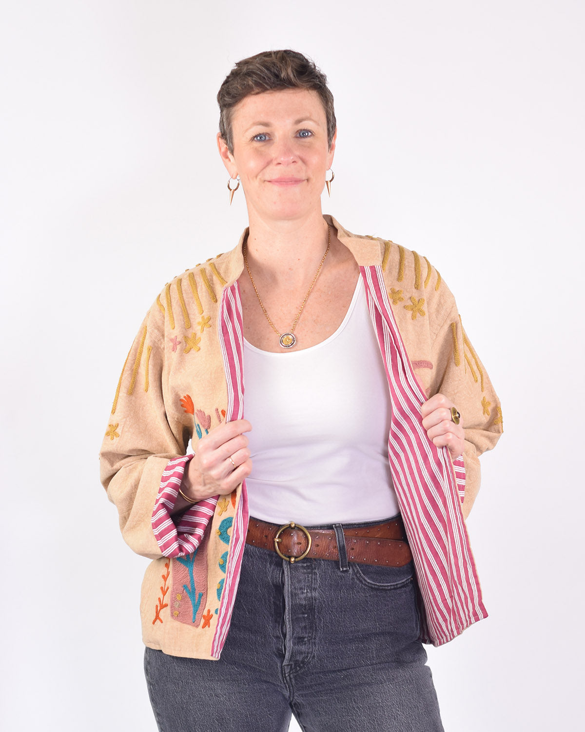 Lightweight "Peace & Love" Canvas Embroidered Jacket - Cream image 6
