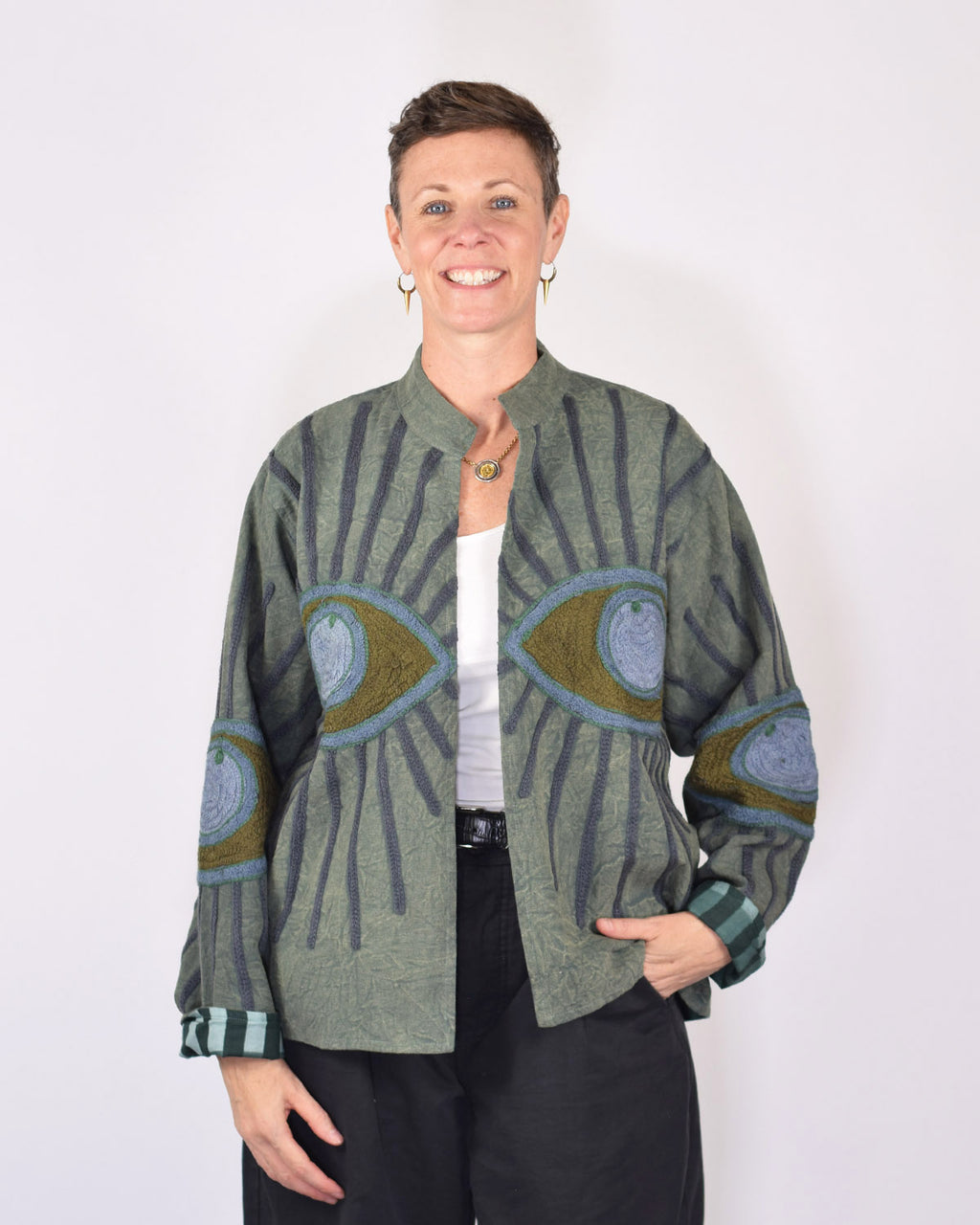 Lightweight Evil Eye Canvas Embroidered Jacket - 03