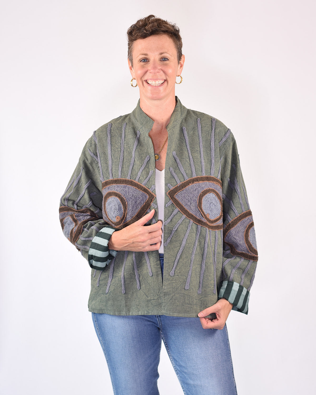 Lightweight Evil Eye Canvas Embroidered Jacket - 05