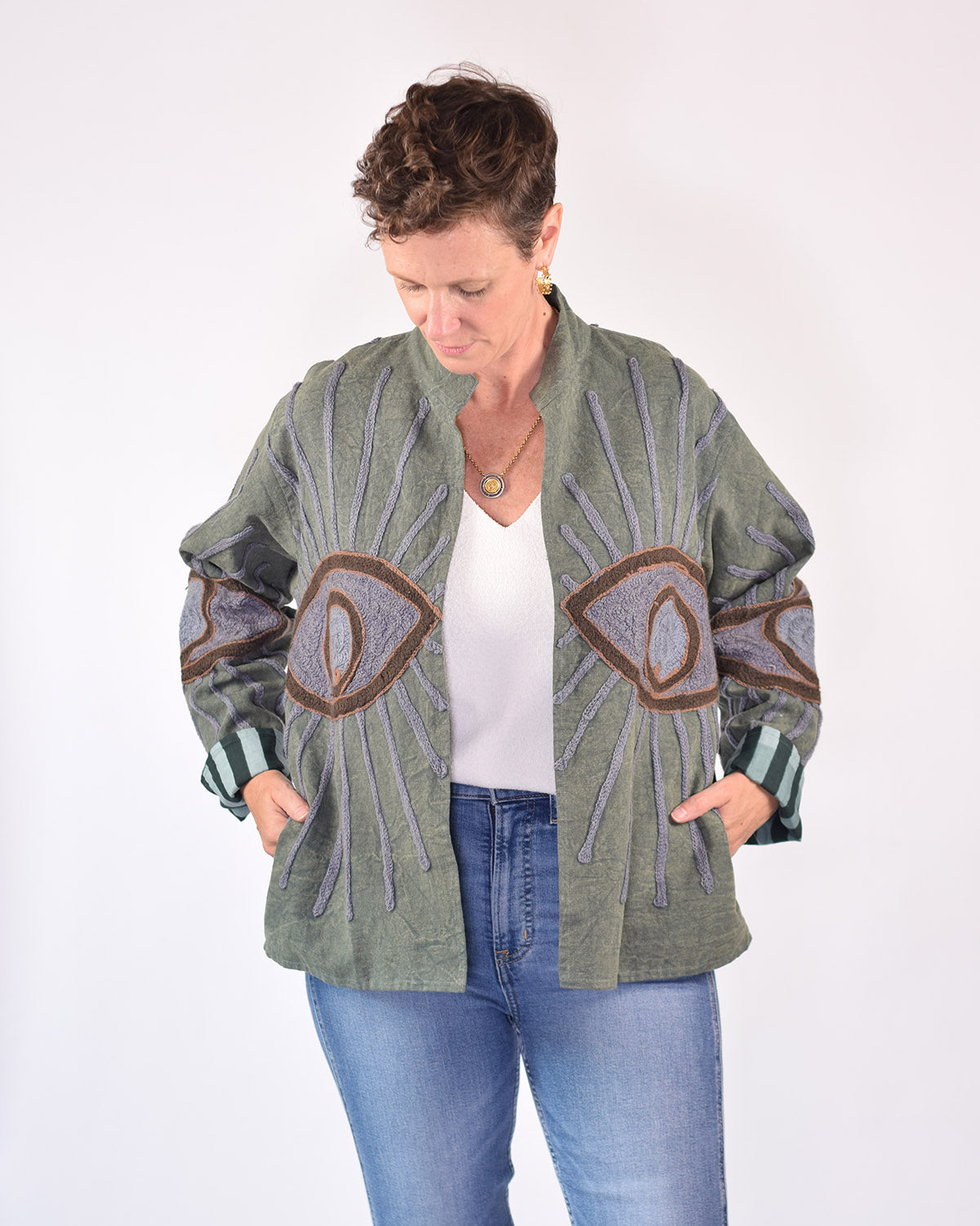 Lightweight Evil Eye Canvas Embroidered Jacket - 05