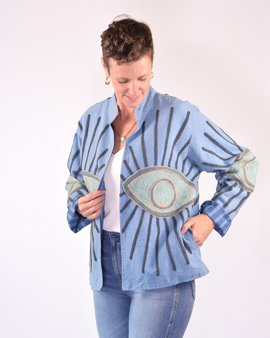 Lightweight Evil Eye Canvas Embroidered Jacket - 04