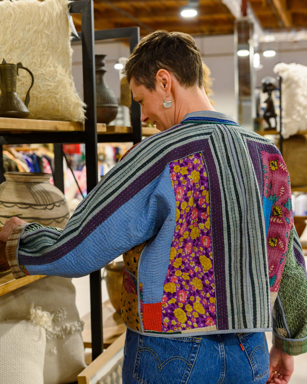 Sofie Cropped Quilted Reversible Patchwork Kantha Jacket -10