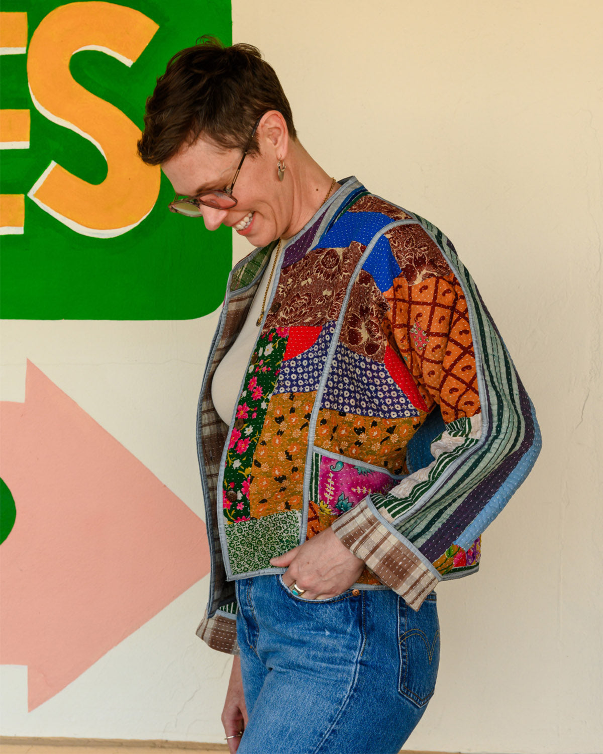 Sofie Cropped Quilted Reversible Patchwork Kantha Jacket -10