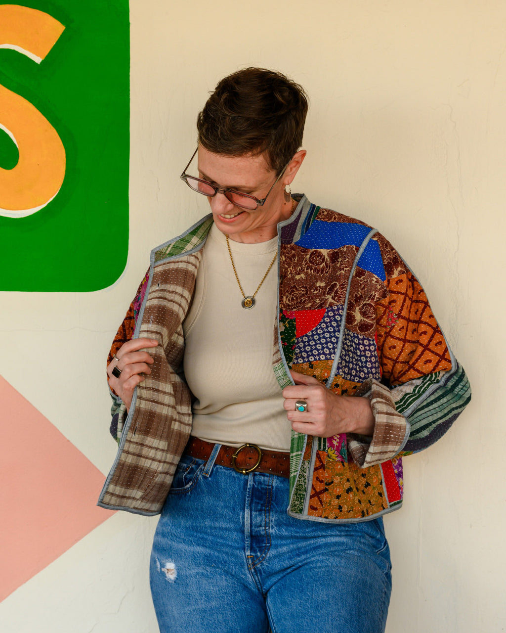Sofie Cropped Quilted Reversible Patchwork Kantha Jacket -10