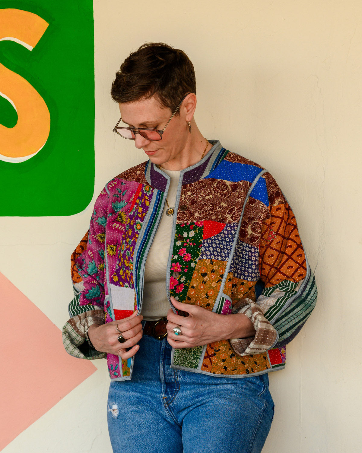 Sofie Cropped Quilted Reversible Patchwork Kantha Jacket -10