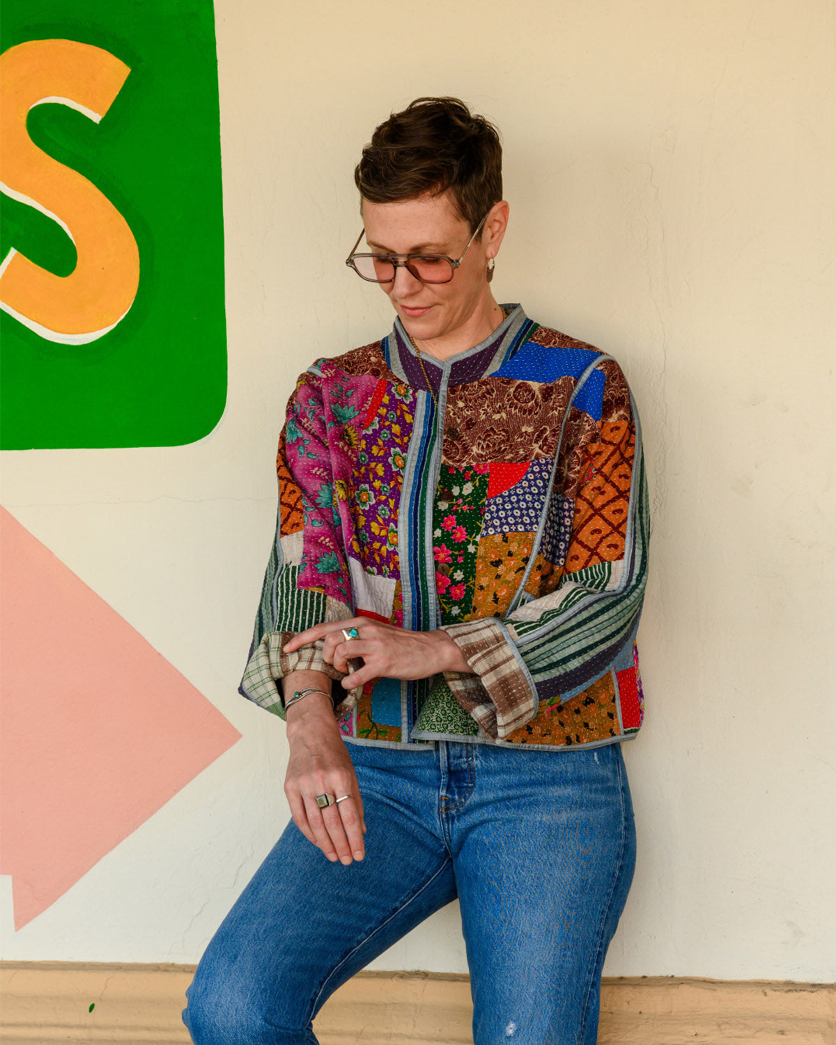Sofie Cropped Quilted Reversible Patchwork Kantha Jacket -10