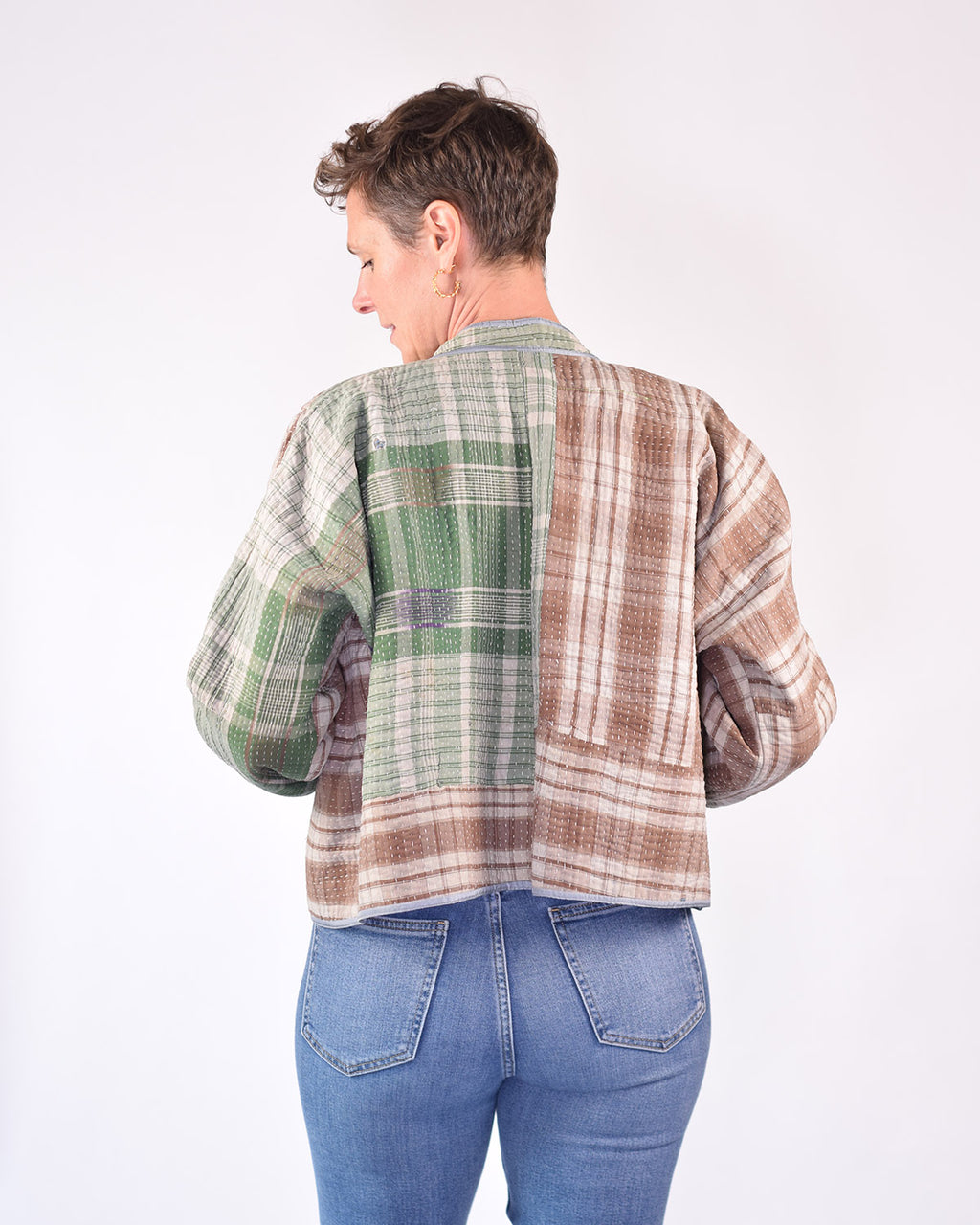 Sofie Cropped Quilted Reversible Patchwork Kantha Jacket -10