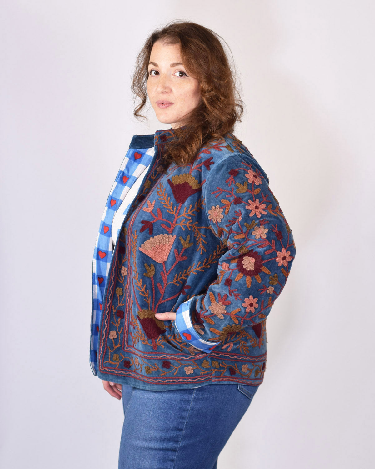 XL - Extended Sized - "Boho Blooms" Suzani Embroidered Velvet Jacket/Cardigan - 03