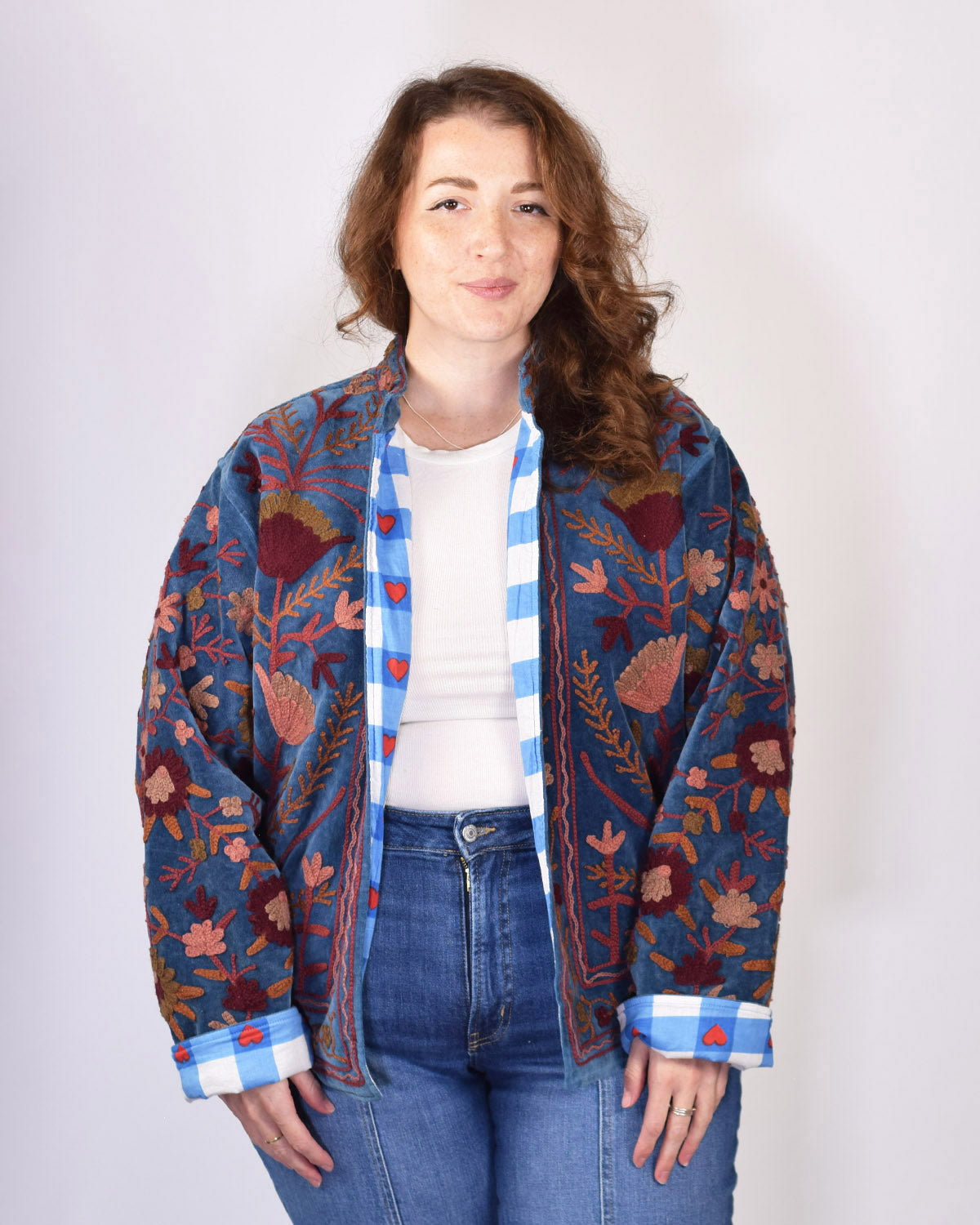 XL - Extended Sized - "Boho Blooms" Suzani Embroidered Velvet Jacket/Cardigan - 03