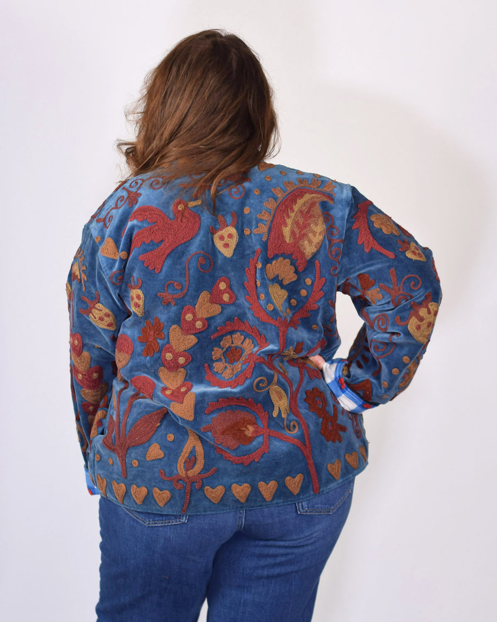 XL - Extended Sized - "Lovebirds" Suzani Embroidered Velvet Jacket/Cardigan - 04