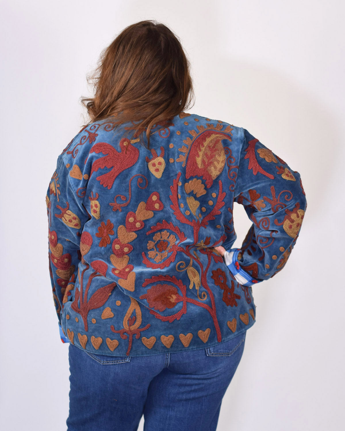 XL - Extended Sized - "Lovebirds" Suzani Embroidered Velvet Jacket/Cardigan - 04