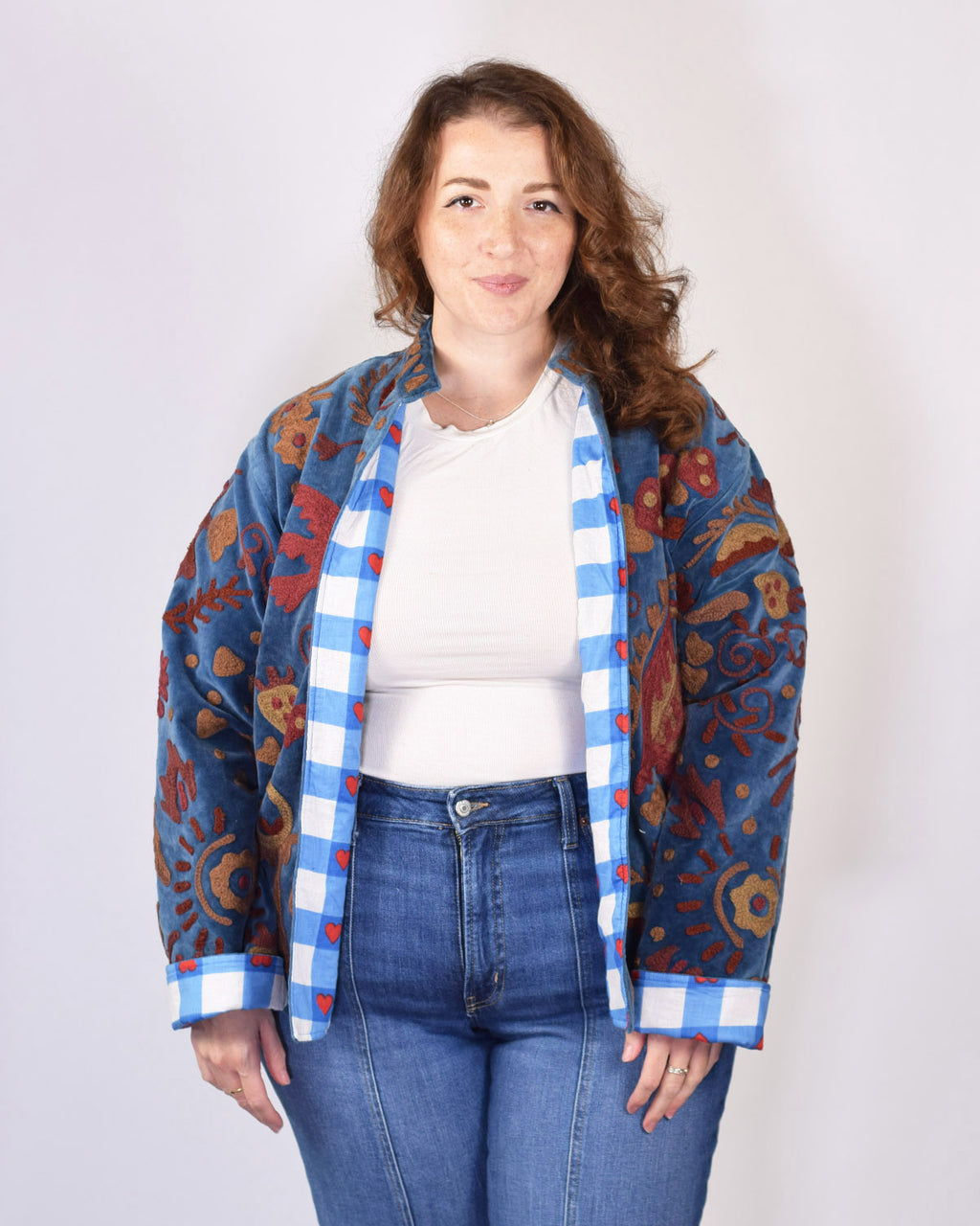 XL - Extended Sized - "Lovebirds" Suzani Embroidered Velvet Jacket/Cardigan - 04