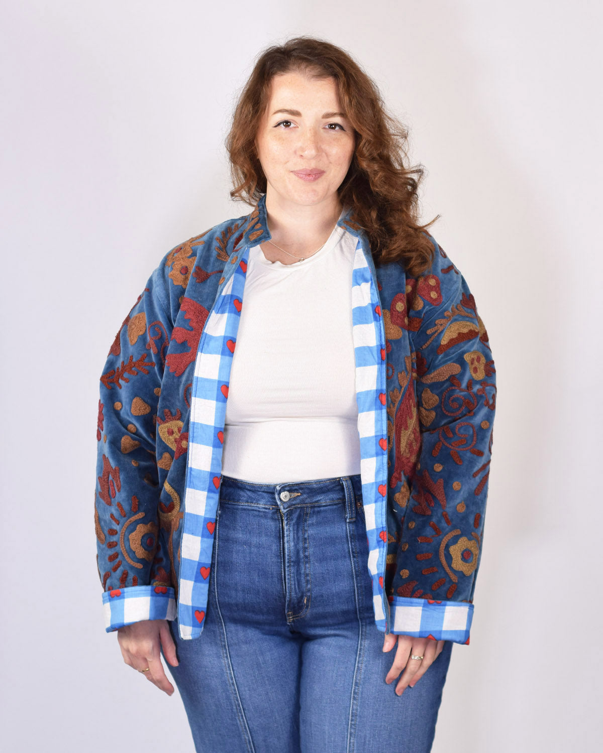 XL - Extended Sized - "Lovebirds" Suzani Embroidered Velvet Jacket/Cardigan - 04