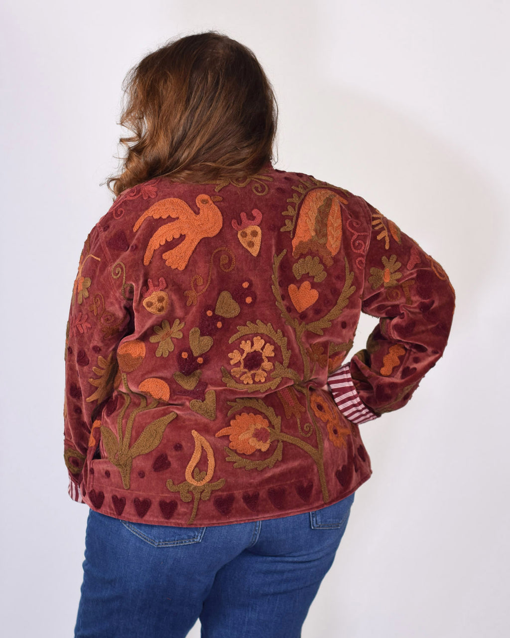 XL - Extended Sized - "Lovebirds" Suzani Embroidered Velvet Jacket/Cardigan - 05