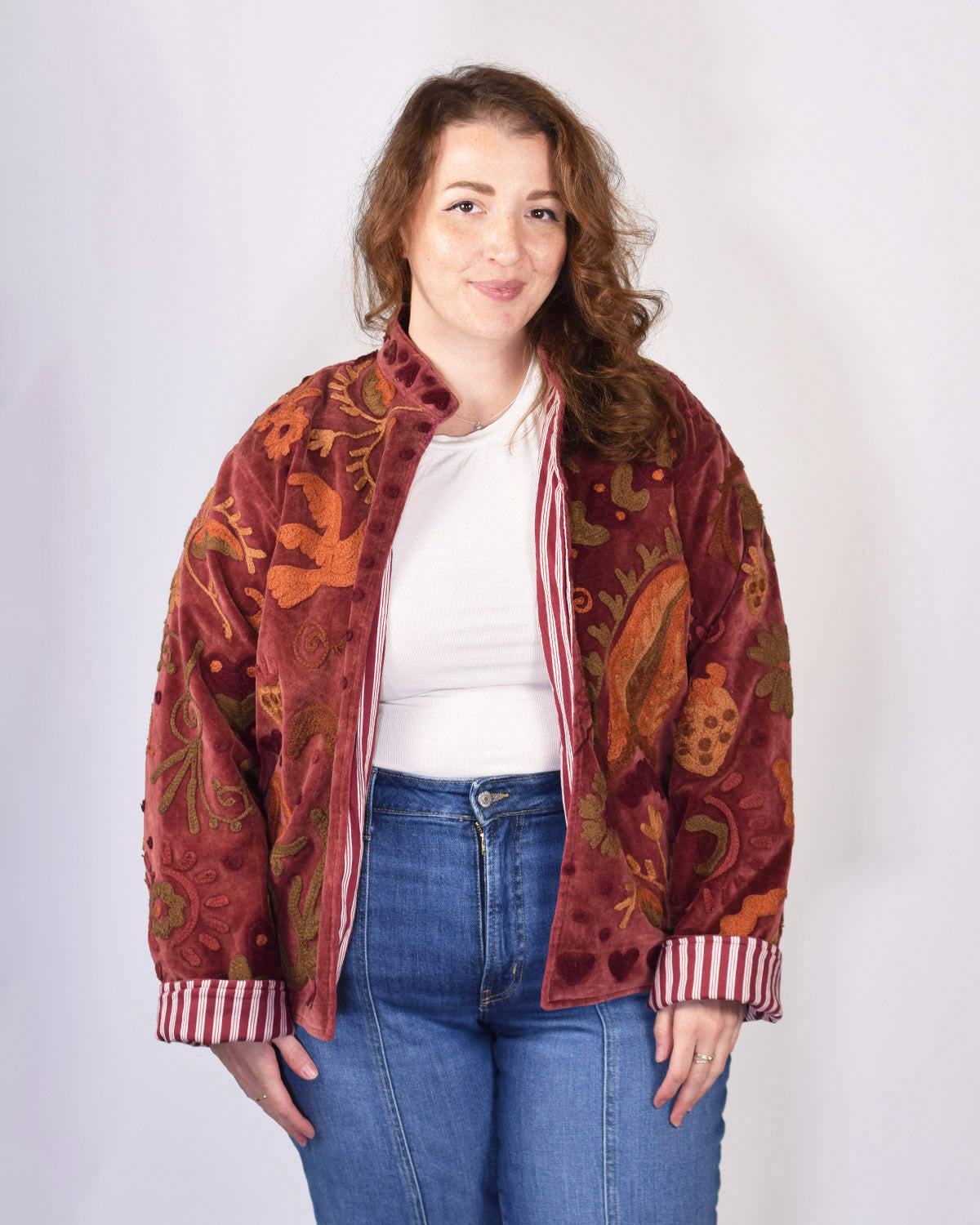 XL - Extended Sized - "Lovebirds" Suzani Embroidered Velvet Jacket/Cardigan - 05