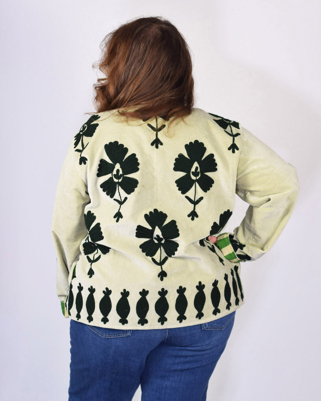 XL - Extended Sized - "Sgt. Peppers" Suzani Embroidered Velvet Jacket/Cardigan - Mint Forest