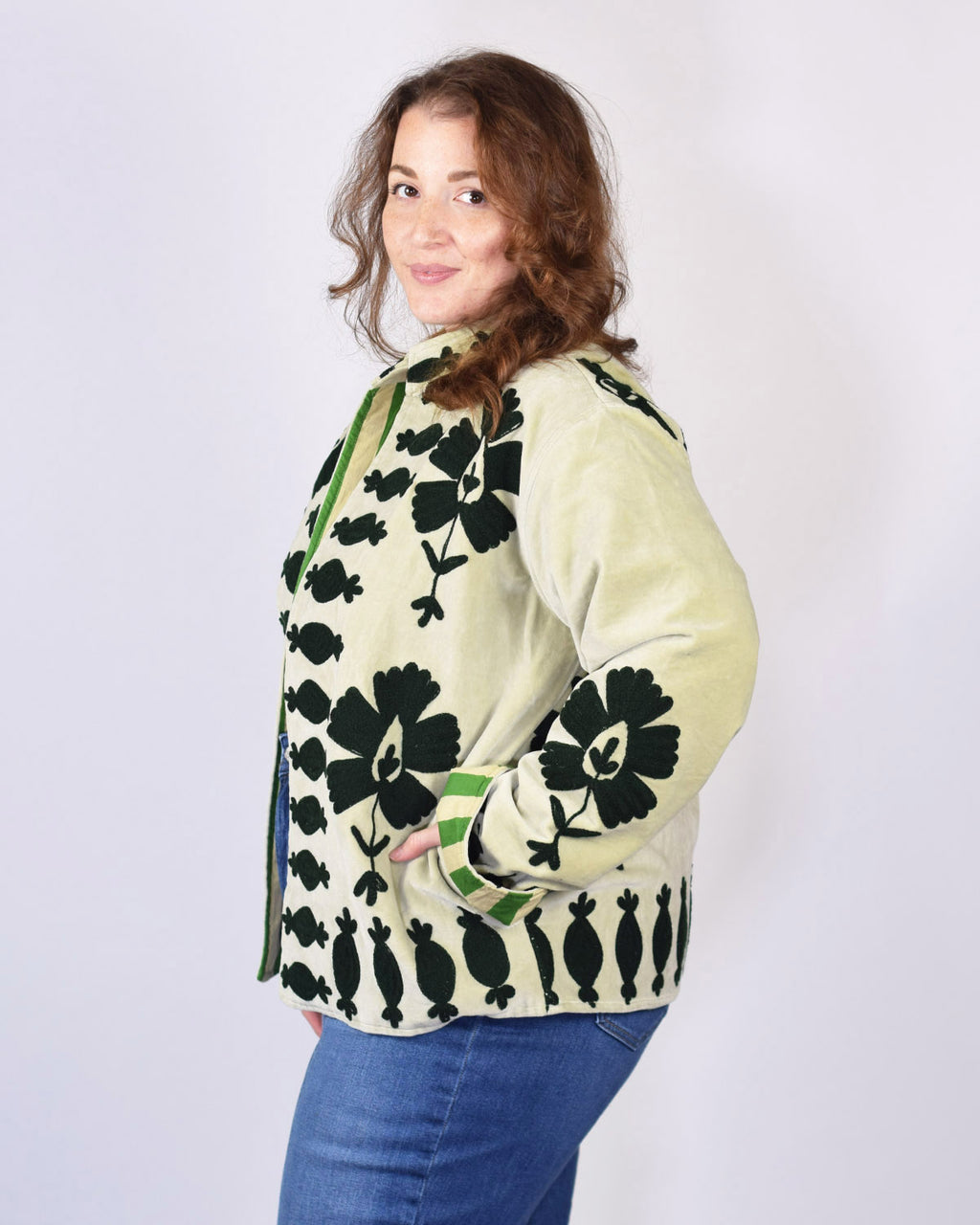 XL - Extended Sized - "Sgt. Peppers" Suzani Embroidered Velvet Jacket/Cardigan - Mint Forest