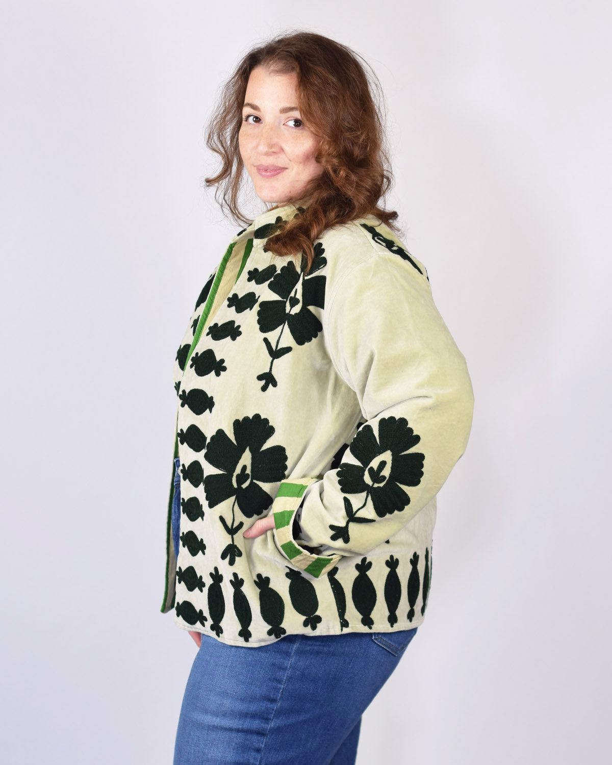 XL - Extended Sized - "Sgt. Peppers" Suzani Embroidered Velvet Jacket/Cardigan - Mint Forest