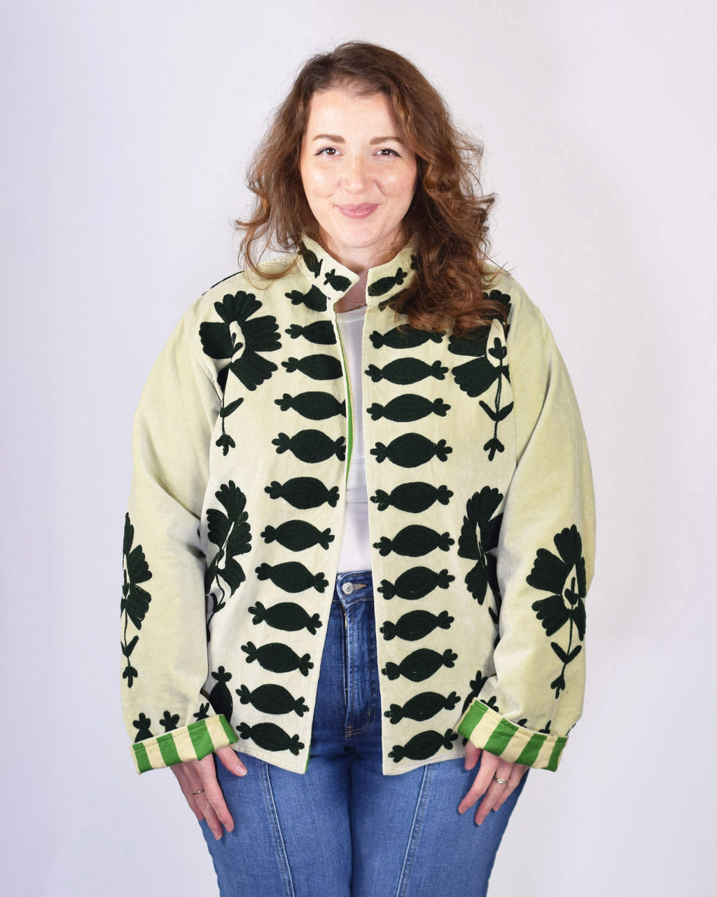 XL - Extended Sized - "Sgt. Peppers" Suzani Embroidered Velvet Jacket/Cardigan - Mint Forest