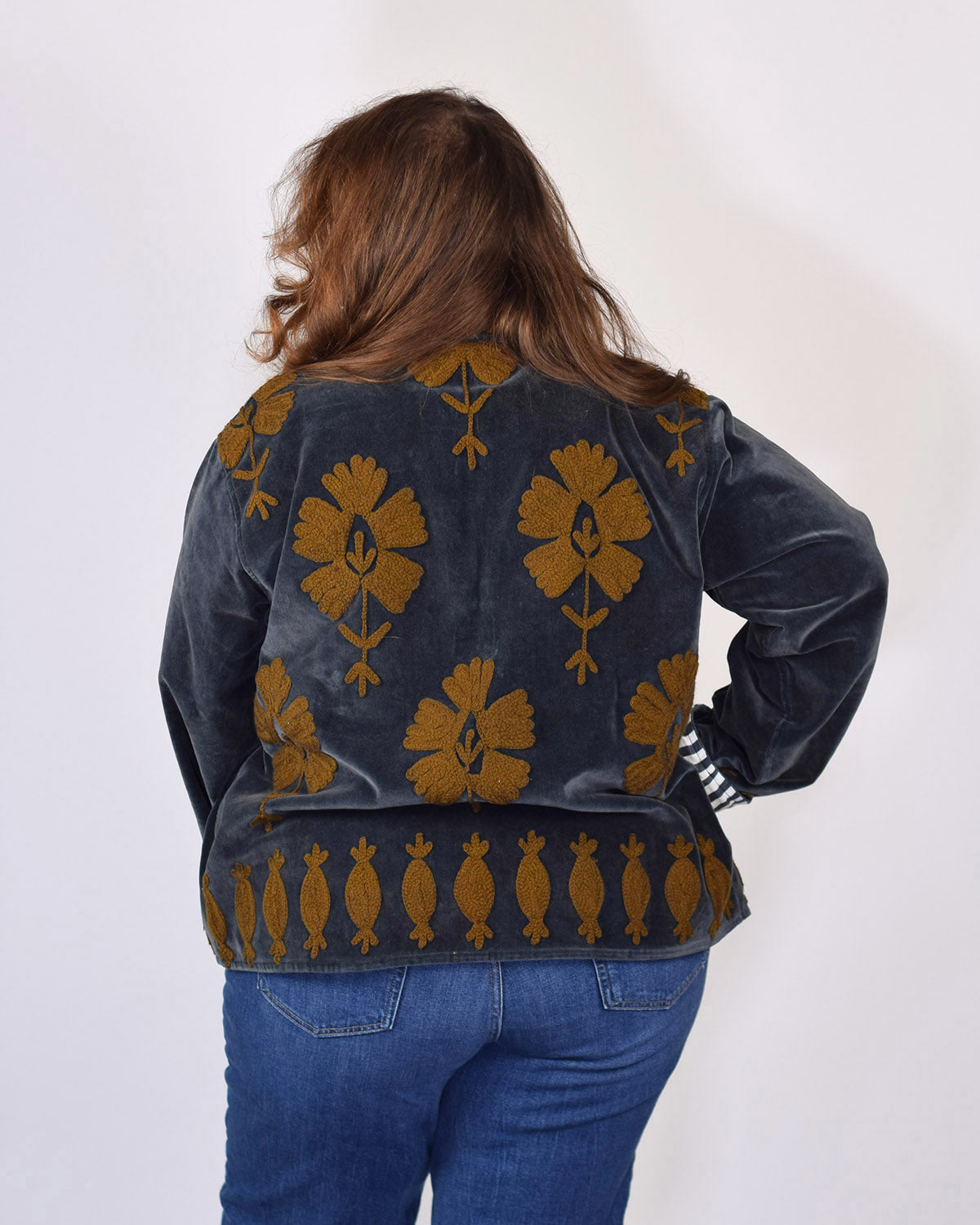 XL - Extended Sized - "Sgt. Peppers" Suzani Embroidered Velvet Jacket/Cardigan - Smoke Carmel