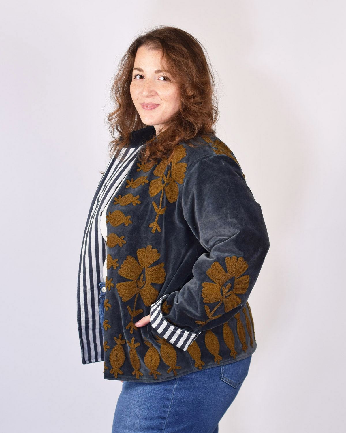 XL - Extended Sized - "Sgt. Peppers" Suzani Embroidered Velvet Jacket/Cardigan - Smoke Carmel