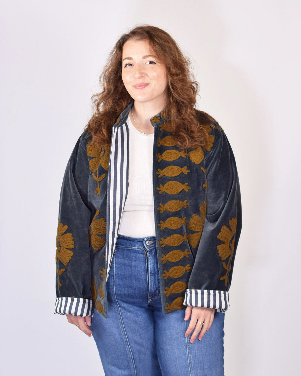 XL - Extended Sized - "Sgt. Peppers" Suzani Embroidered Velvet Jacket/Cardigan - Smoke Carmel