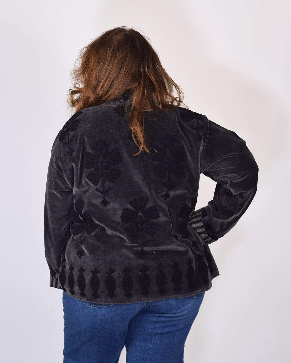 XL - Extended Sized - "Sgt. Peppers" Suzani Embroidered Velvet Jacket/Cardigan - Smoke