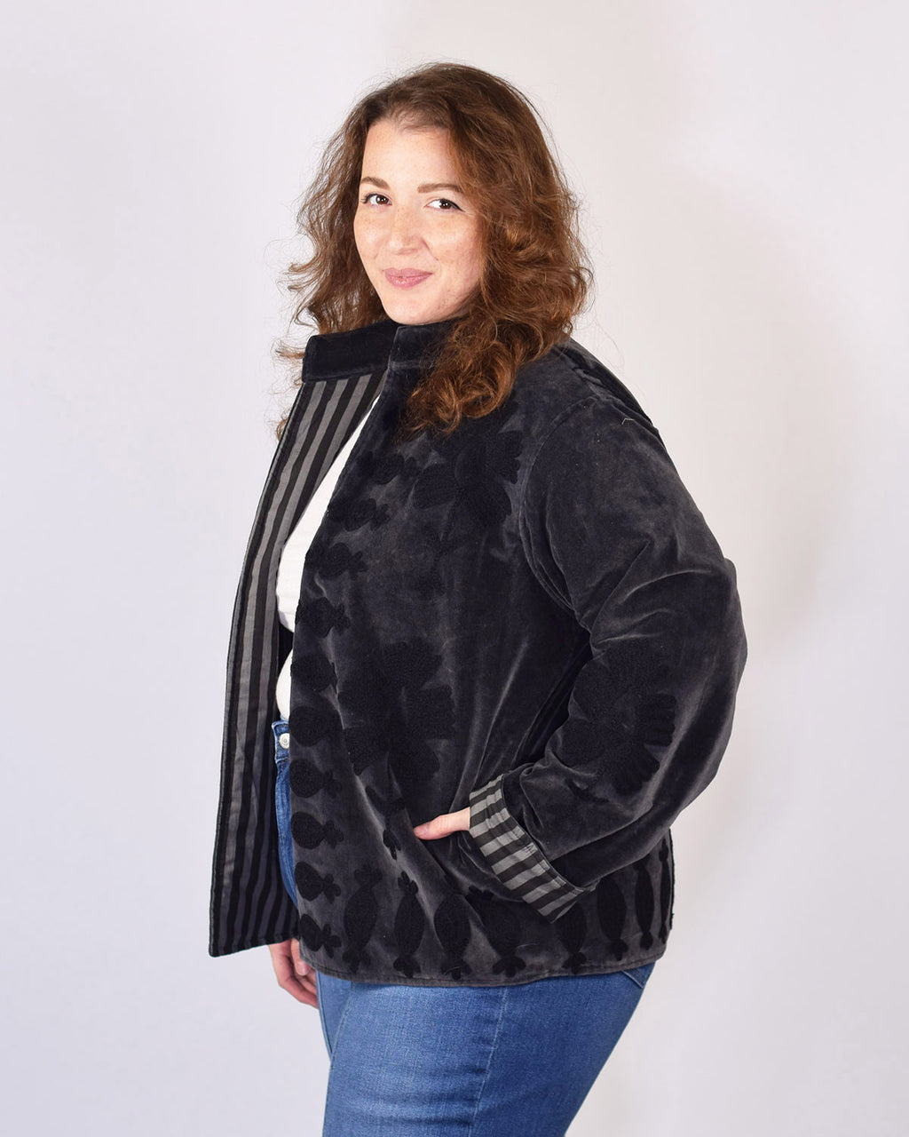 XL - Extended Sized - "Sgt. Peppers" Suzani Embroidered Velvet Jacket/Cardigan - Smoke