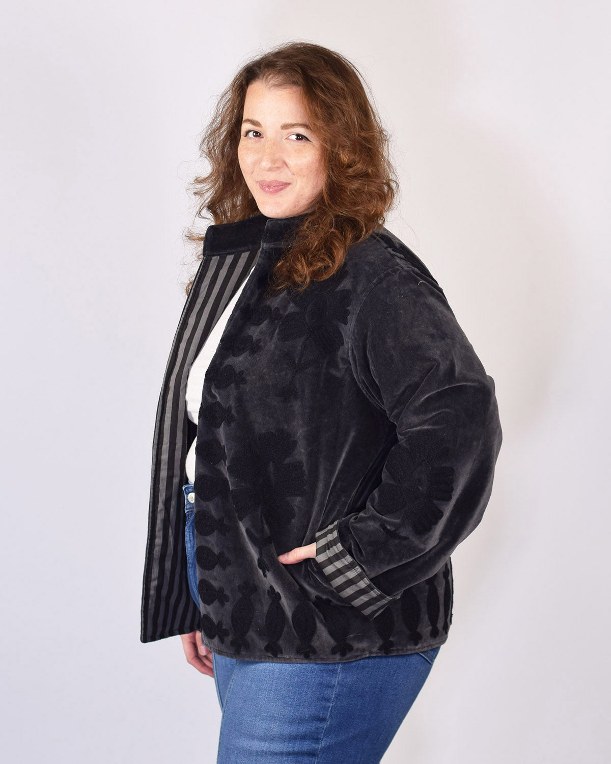 XL - Extended Sized - "Sgt. Peppers" Suzani Embroidered Velvet Jacket/Cardigan - Smoke