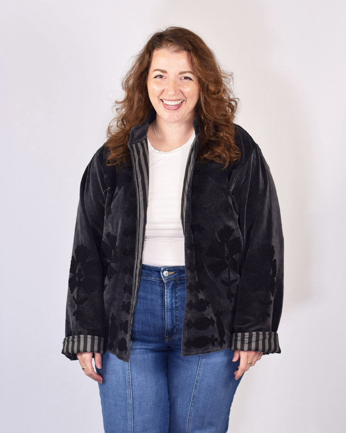XL - Extended Sized - "Sgt. Peppers" Suzani Embroidered Velvet Jacket/Cardigan - Smoke