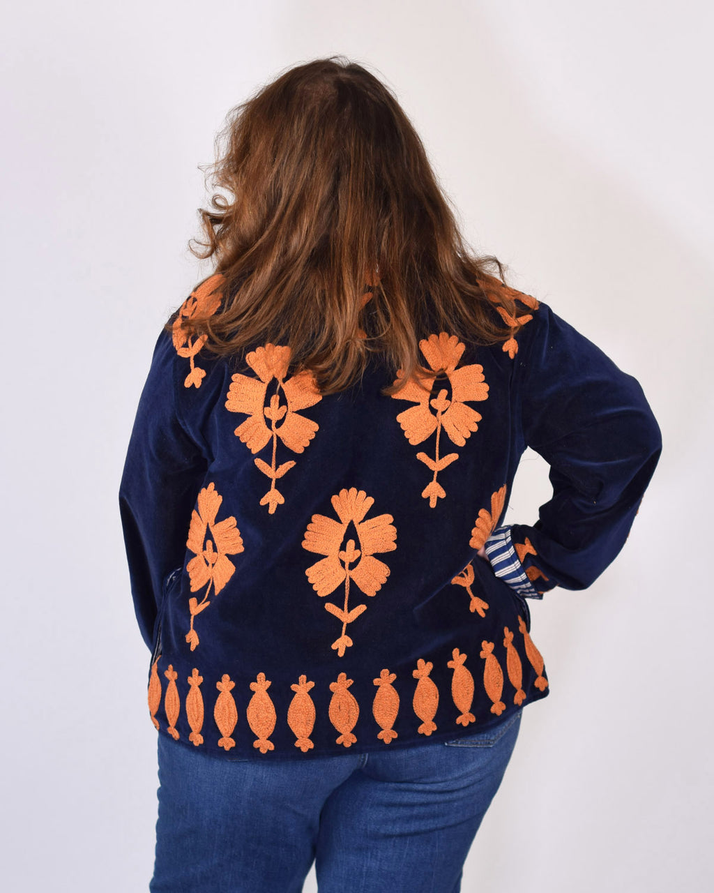 XL - Extended Sized - "Sgt. Peppers" Suzani Embroidered Velvet Jacket/Cardigan - Navy Rust