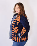 XL - Extended Sized - "Sgt. Peppers" Suzani Embroidered Velvet Jacket/Cardigan - Navy Rust