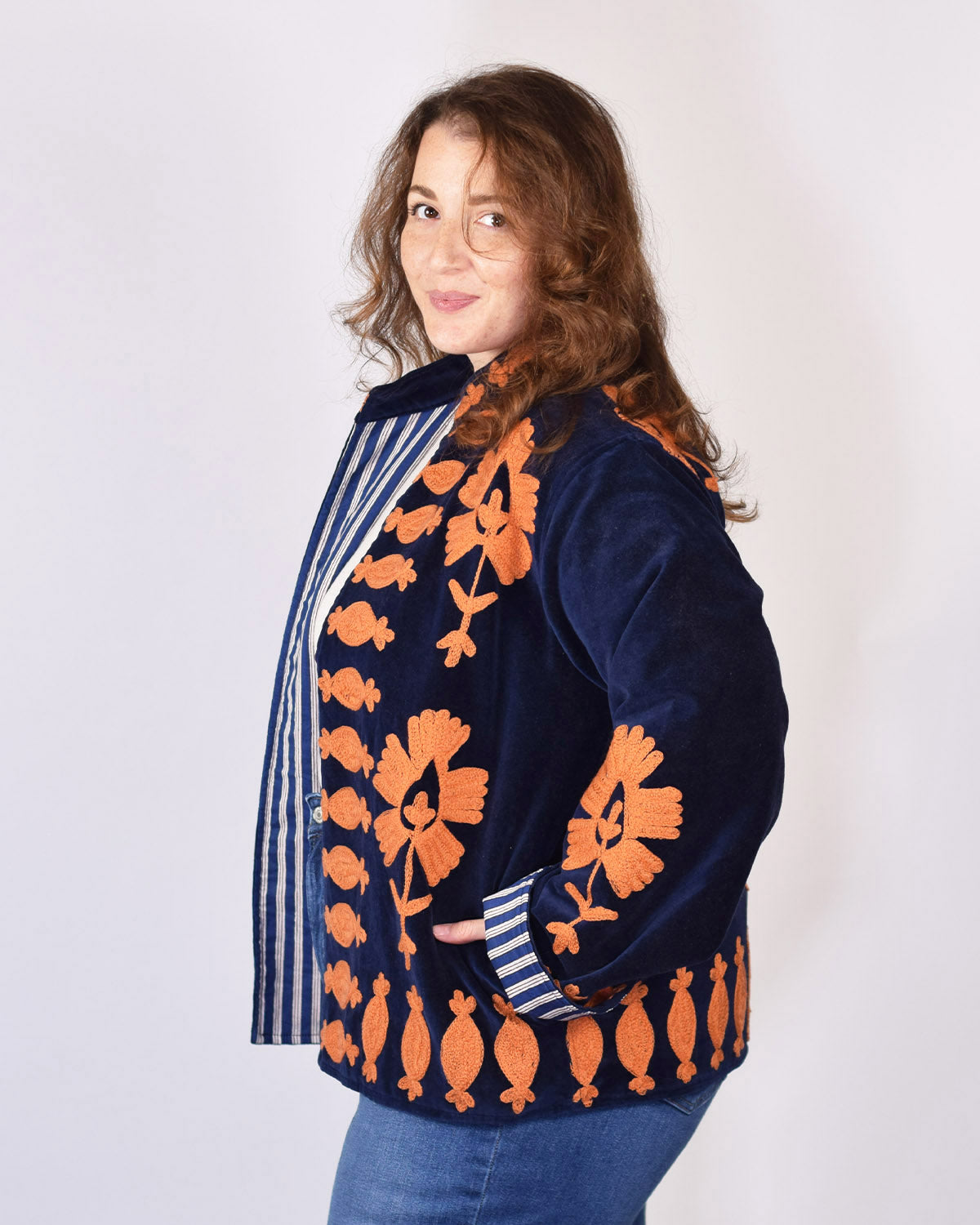XL - Extended Sized - "Sgt. Peppers" Suzani Embroidered Velvet Jacket/Cardigan - Navy Rust