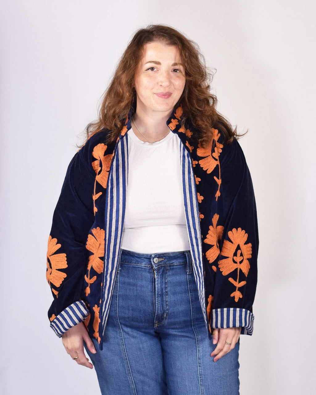 XL - Extended Sized - "Sgt. Peppers" Suzani Embroidered Velvet Jacket/Cardigan - Navy Rust
