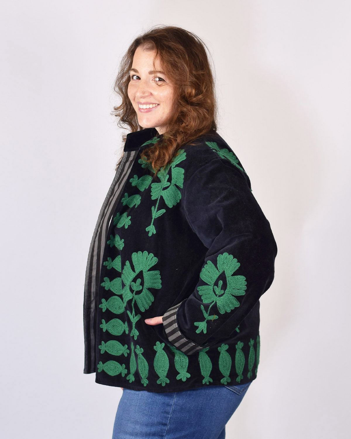 XL - Extended Sized - "Sgt. Peppers" Suzani Embroidered Velvet Jacket/Cardigan - Black Sage