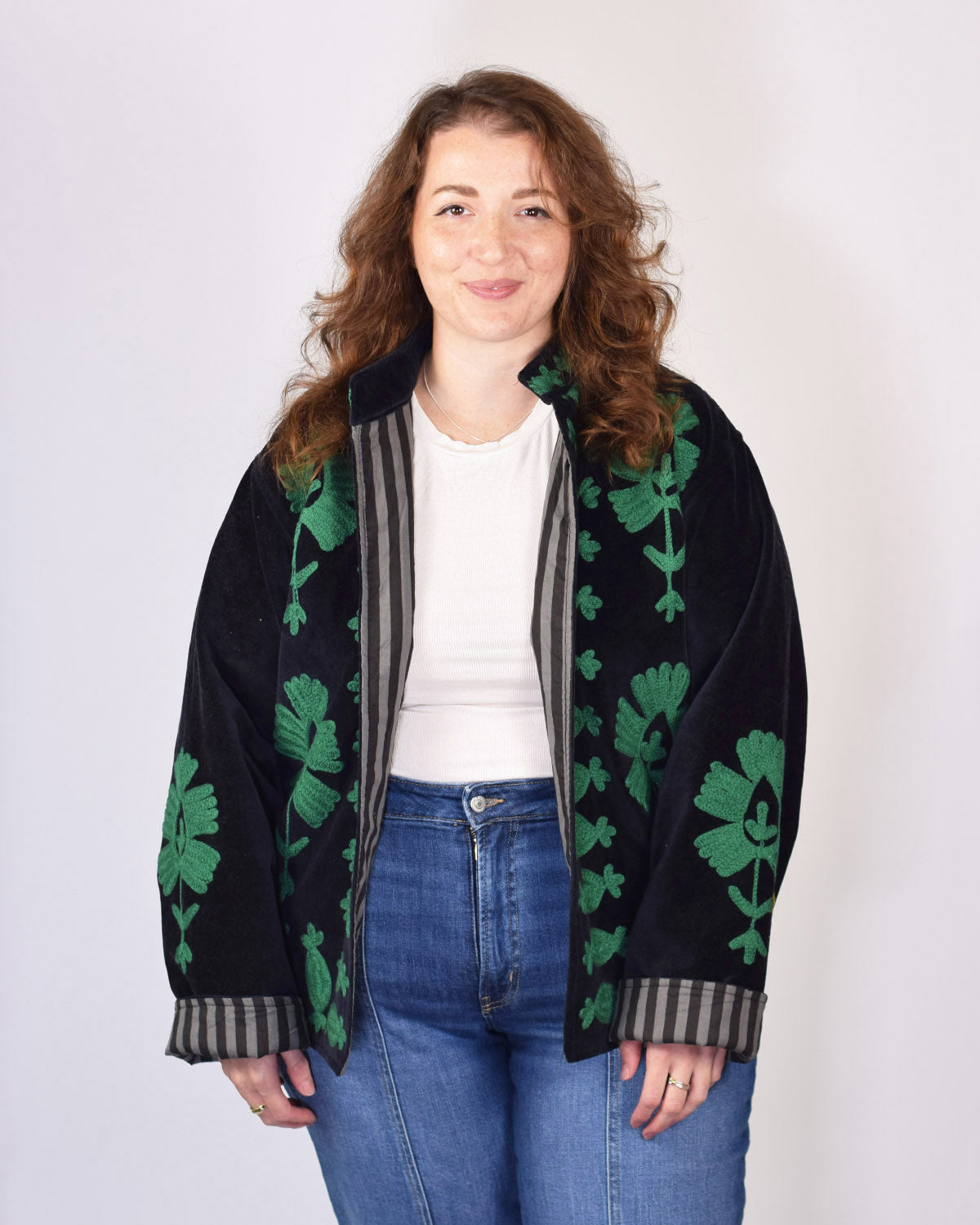 XL - Extended Sized - "Sgt. Peppers" Suzani Embroidered Velvet Jacket/Cardigan - Black Sage