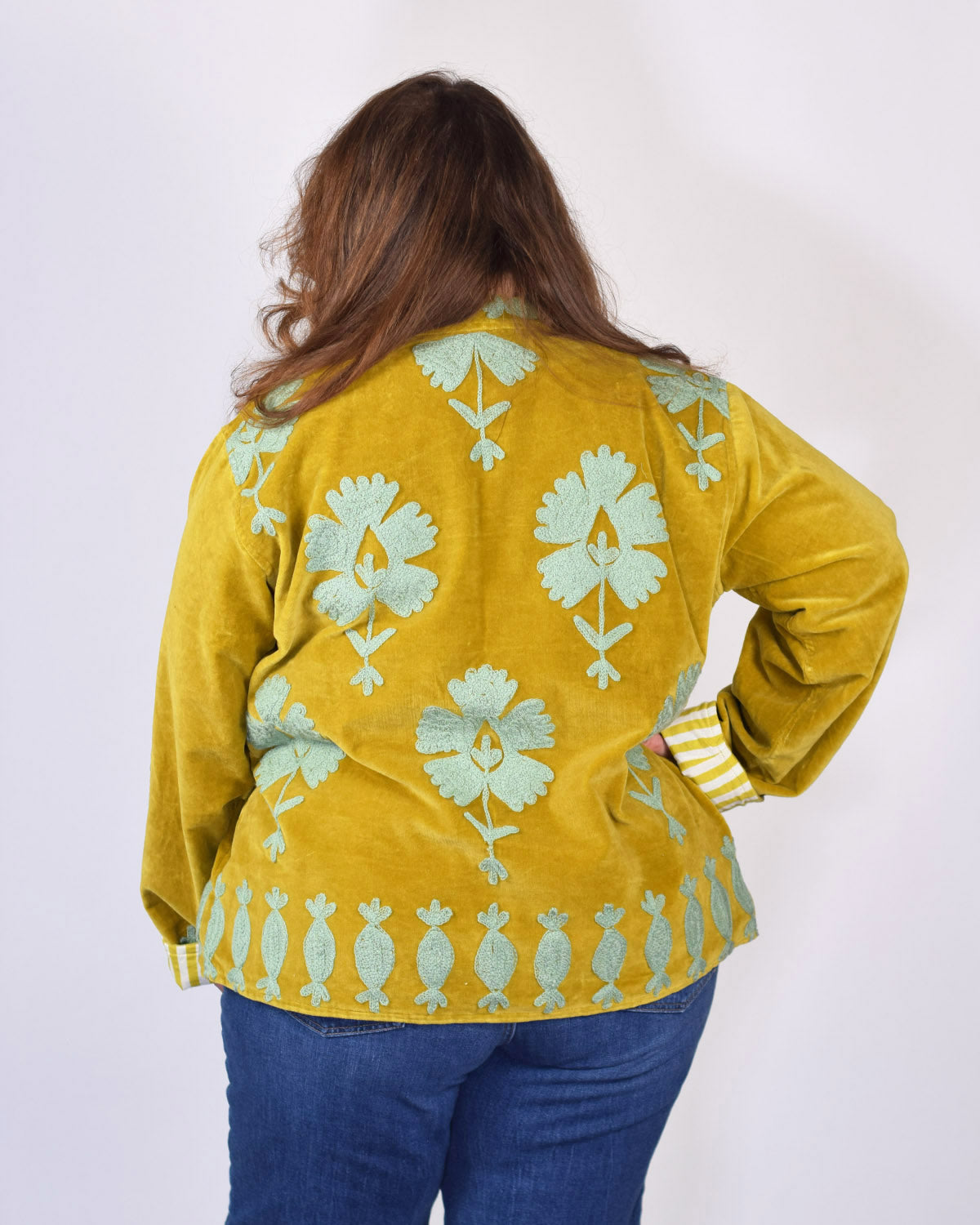 XL - Extended Sized - "Sgt. Peppers" Suzani Embroidered Velvet Jacket/Cardigan - Gold Mint