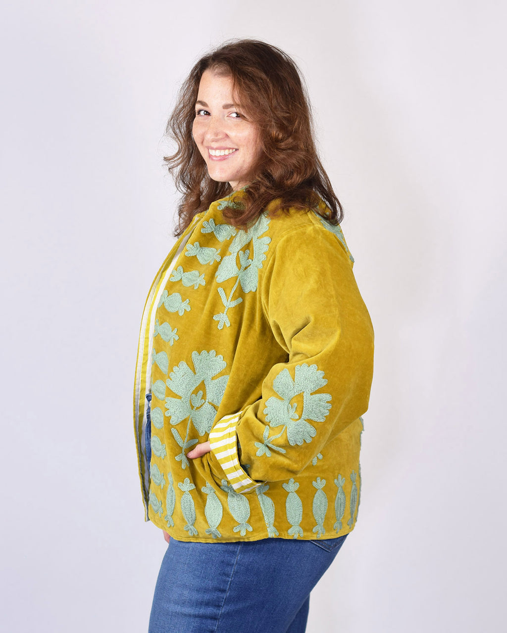 XL - Extended Sized - "Sgt. Peppers" Suzani Embroidered Velvet Jacket/Cardigan - Gold Mint