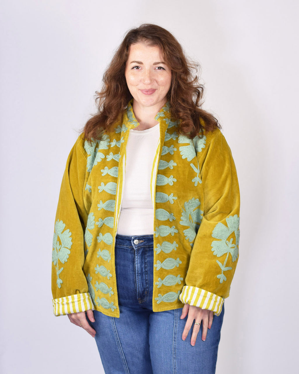 XL - Extended Sized - "Sgt. Peppers" Suzani Embroidered Velvet Jacket/Cardigan - Gold Mint