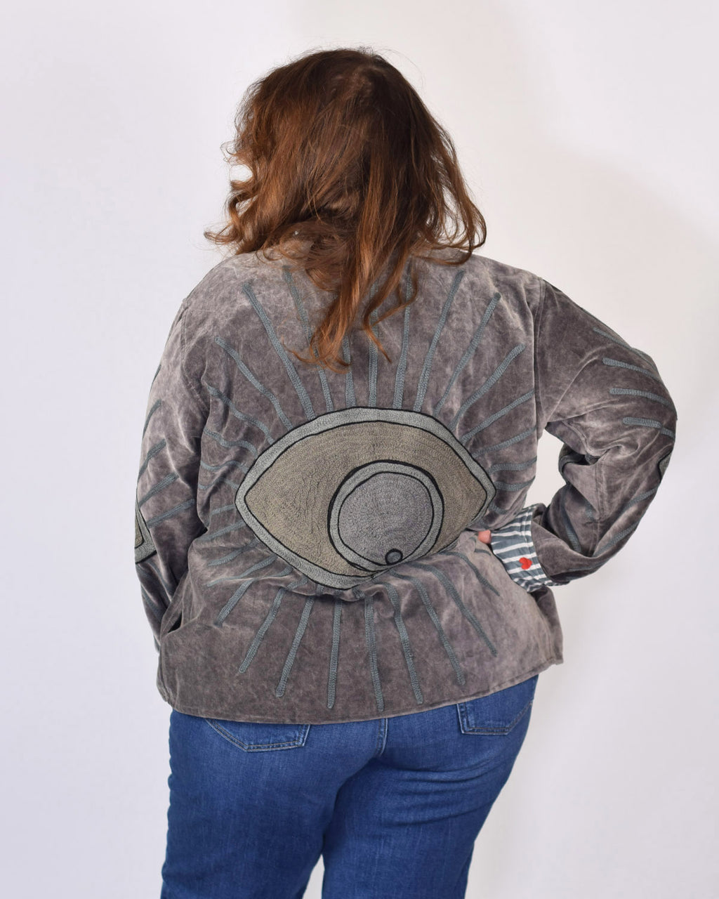 XL - Extended Sized - "Evil Eye" Suzani Embroidered Velvet Jacket/Cardigan - 07
