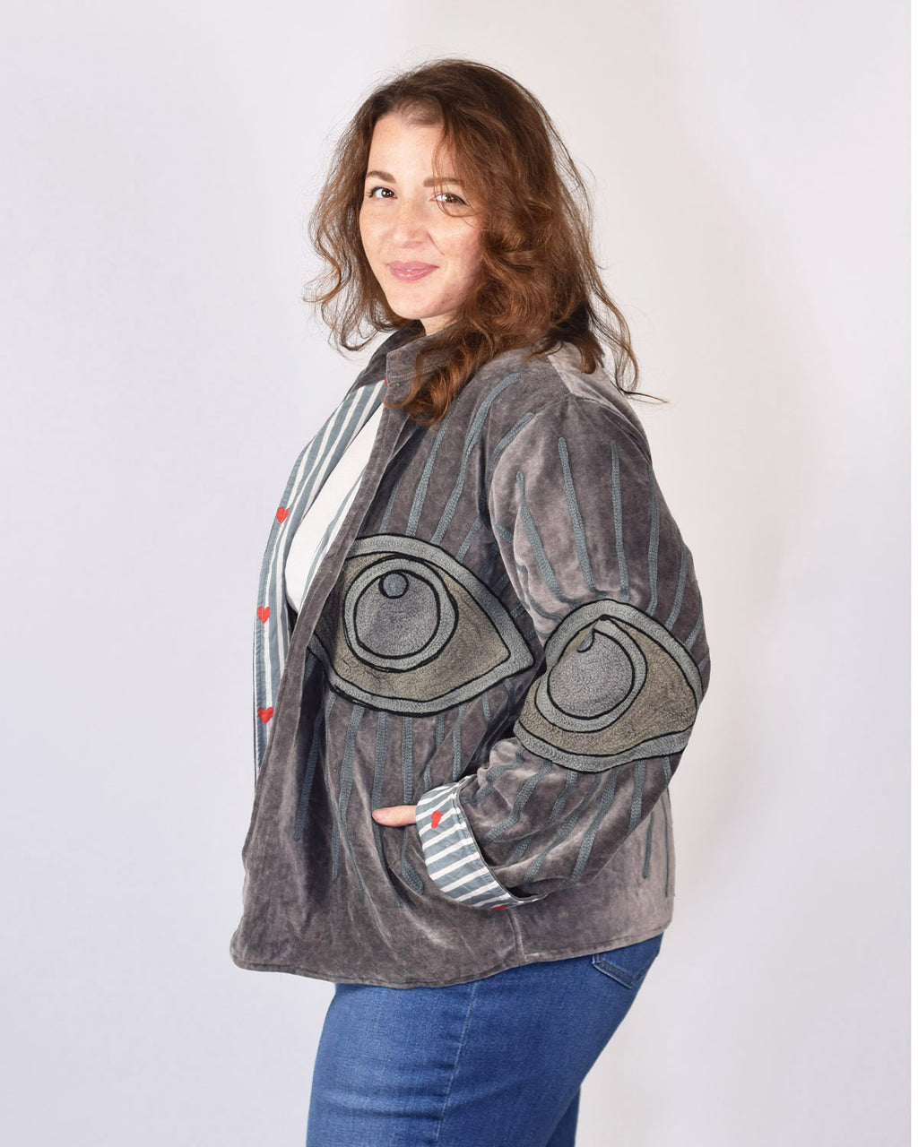 XL - Extended Sized - "Evil Eye" Suzani Embroidered Velvet Jacket/Cardigan - 07