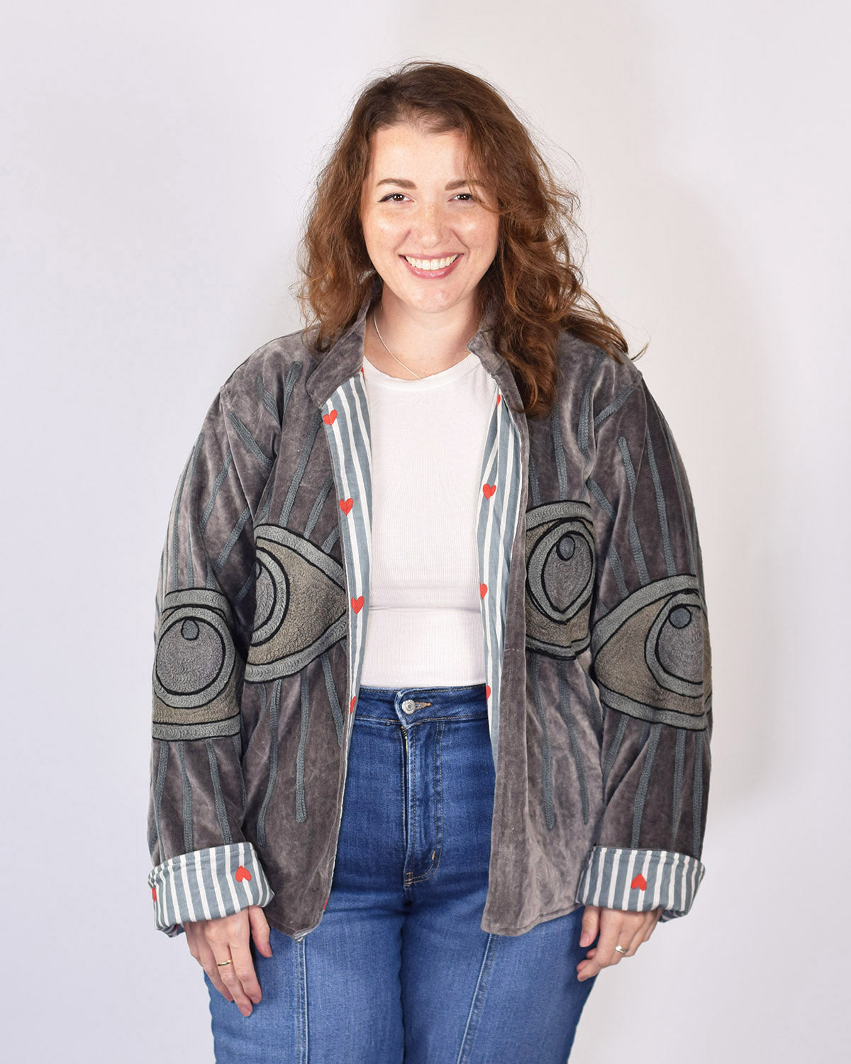XL - Extended Sized - "Evil Eye" Suzani Embroidered Velvet Jacket/Cardigan - 07