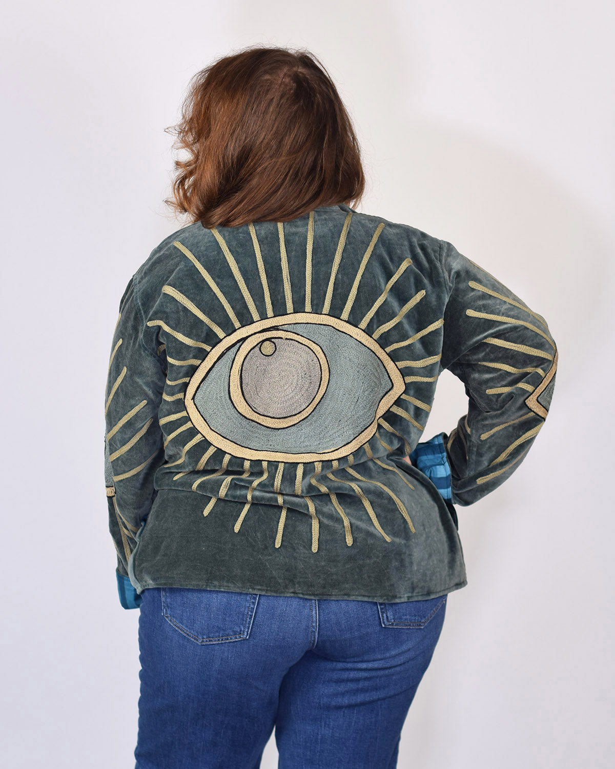 XL - Extended Sized - "Evil Eye" Suzani Embroidered Velvet Jacket/Cardigan - 08